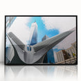 Large abstract wall art of NYC Trade Center in black and gray tones on framed acrylic, suitable for modern art wall decor.