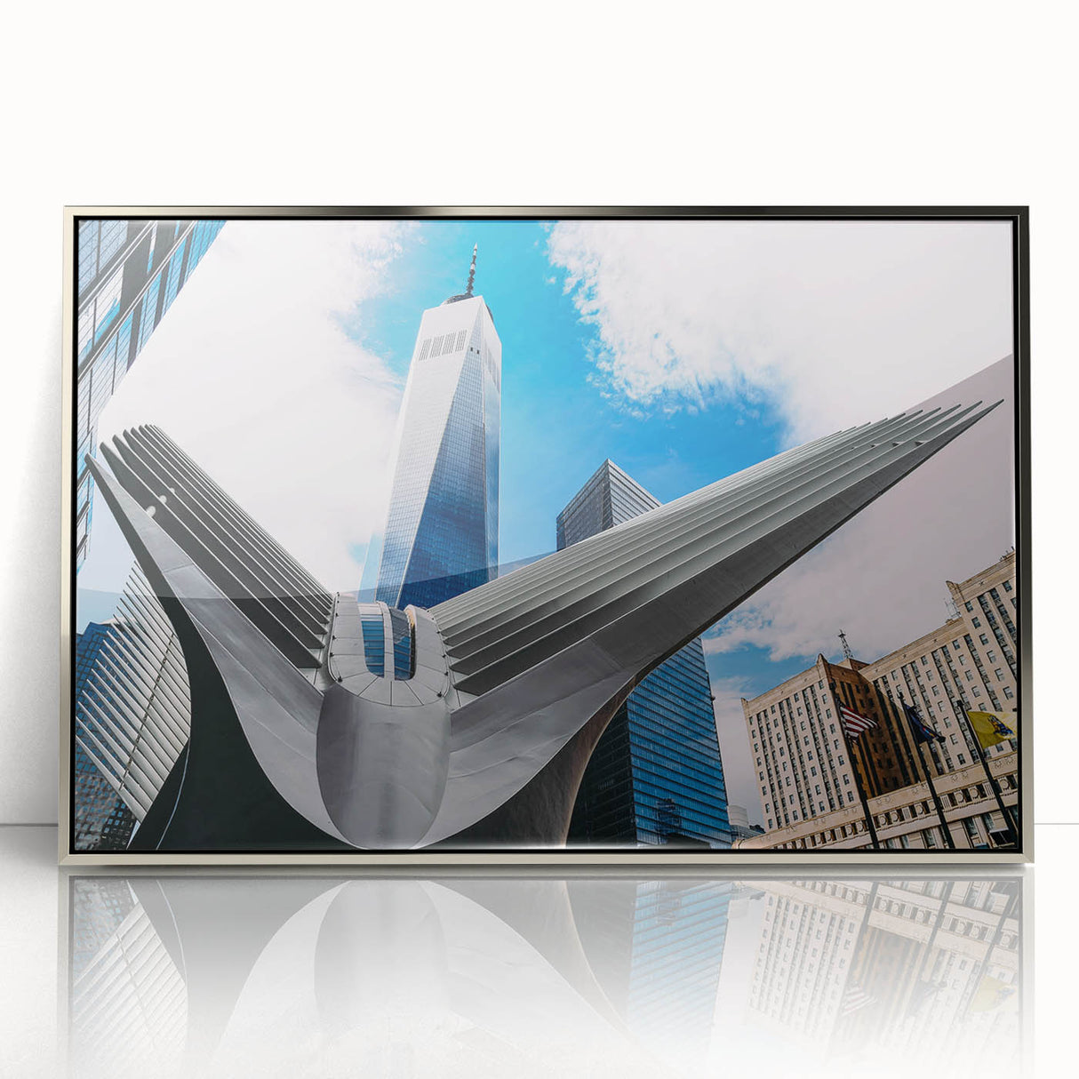 Mid-century modernist art depicting the New York City skyline in muted gray and blue tones, framed acrylic print.