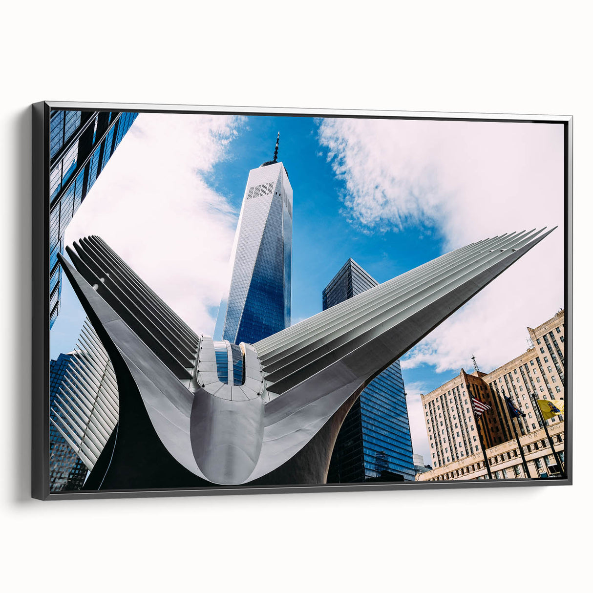 Black and white wall art featuring the NYC Trade Center on framed canvas, suitable for bedroom decor.