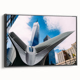 Black and white wall art featuring the NYC Trade Center on framed canvas, suitable for bedroom decor.