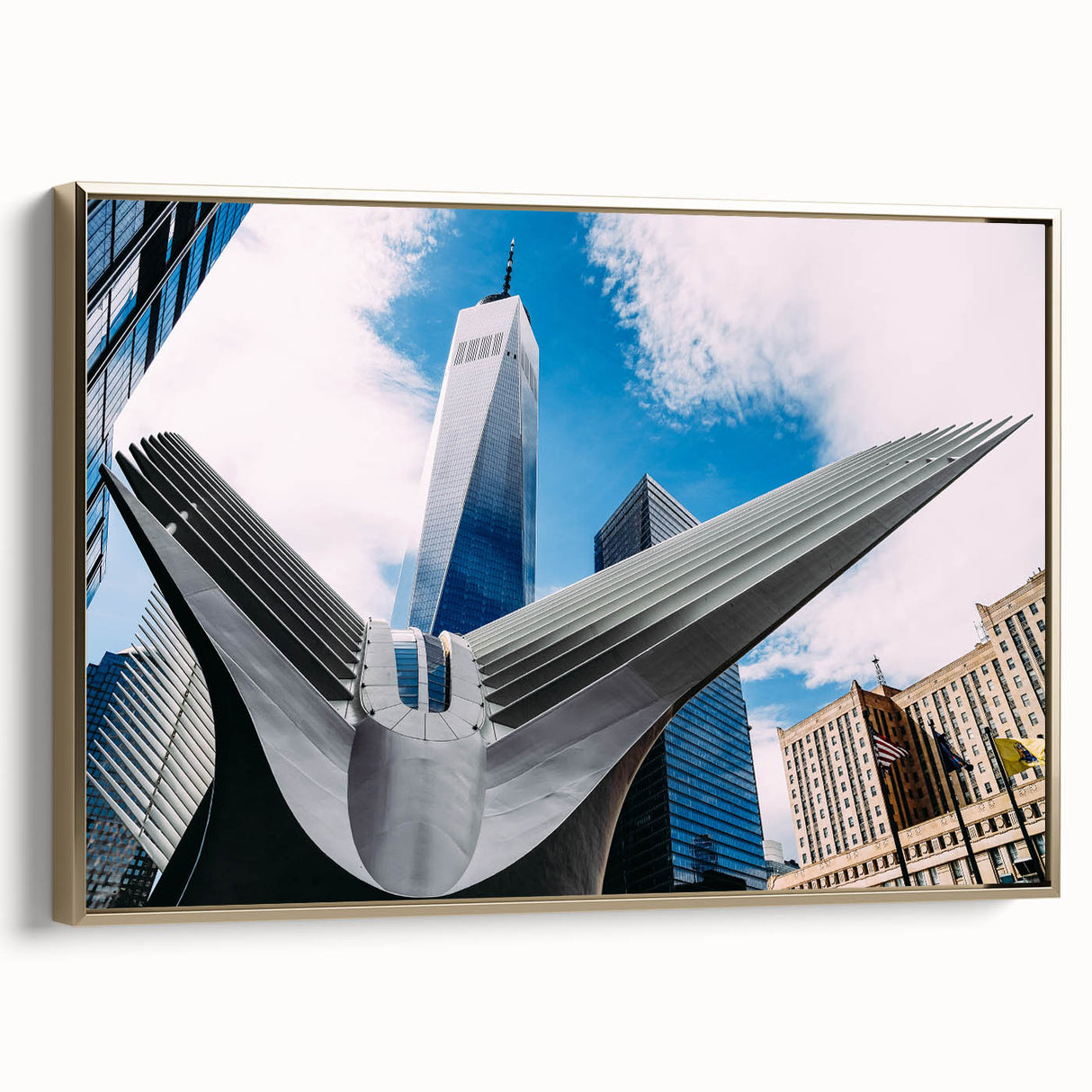 Framed canvas depicting a vintage-style New York City skyline in black and gold tones, ideal for bedroom wall art.