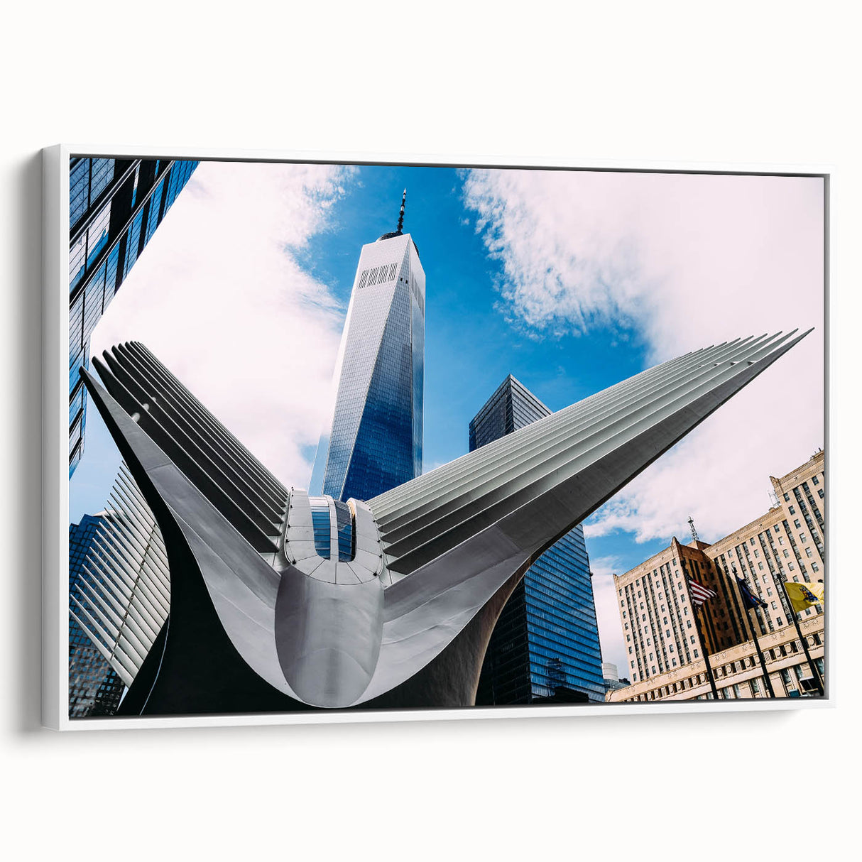 Vintage poster art of NYC skyline with colorful palette on framed canvas, ideal for living room decor.