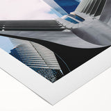 Art deco poster of NYC skyline with muted blue and gray tones on rolled canvas, suitable for dining room wall art.
