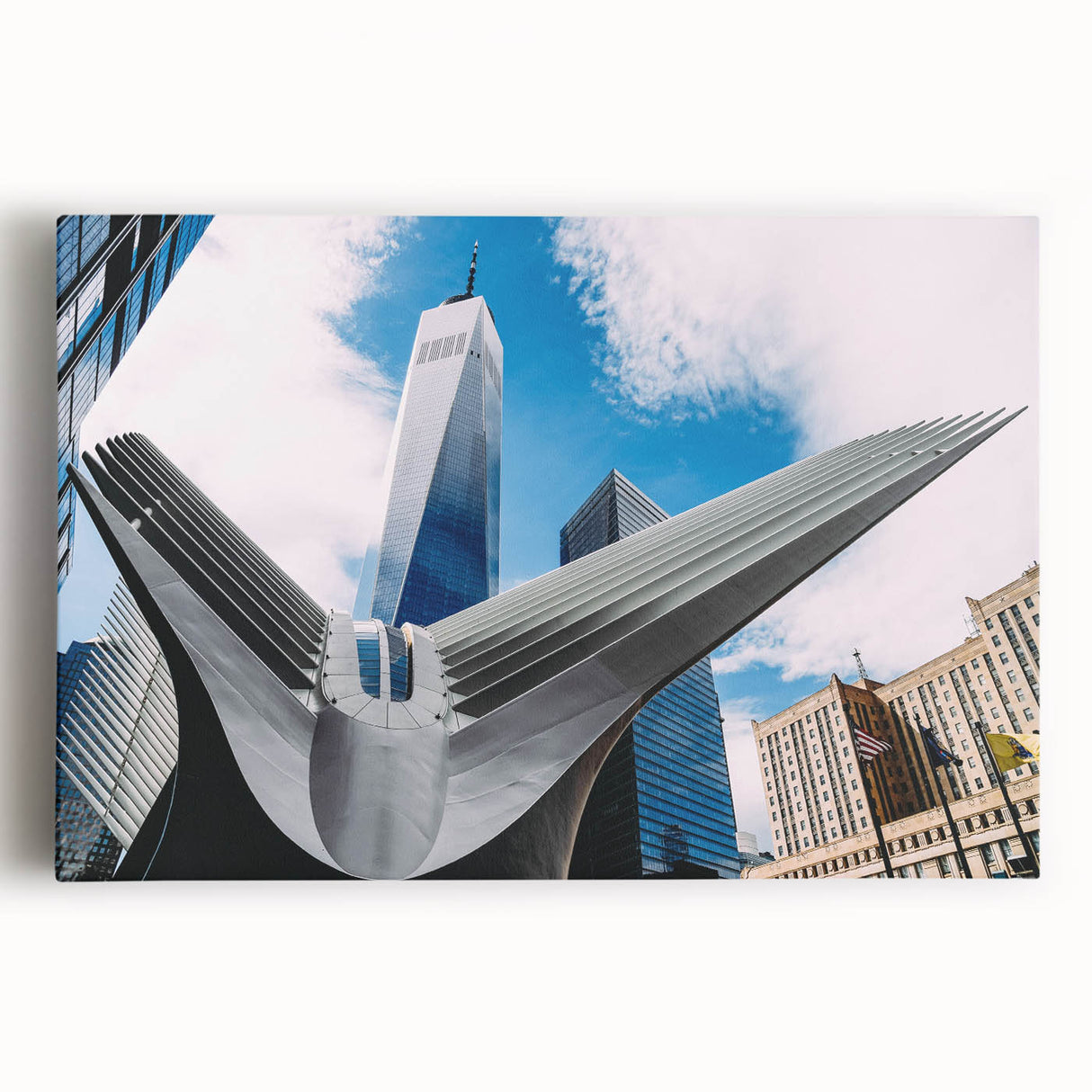 Black and white image of NYC skyline featuring the Trade Center on stretched canvas, suitable as large kitchen wall art.