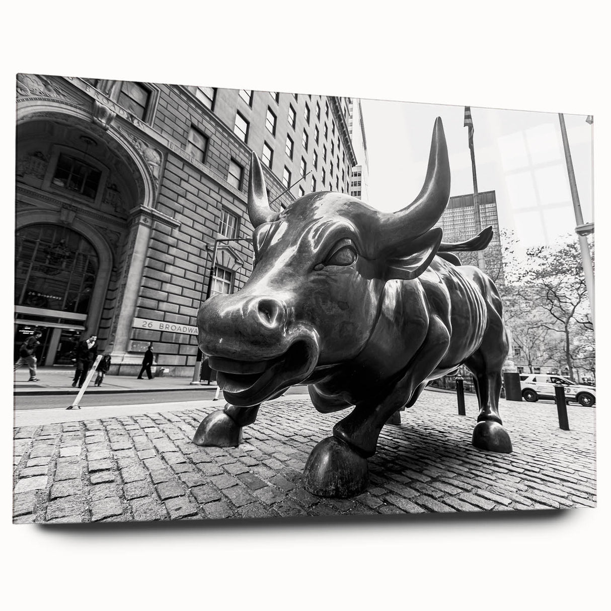 Acrylic print of New York City's Wall Street in muted gray tones, ideal for modern bedroom or dining room decor.