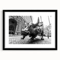 Extra large abstract art print depicting a colorful, textured view of NYC's Wall Street, framed in black.