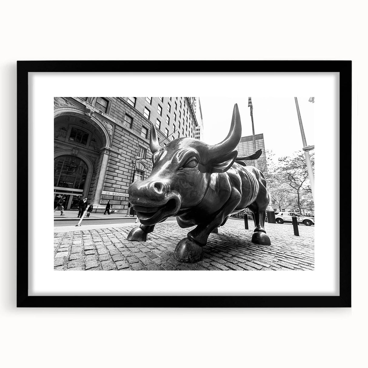 Extra large abstract art print depicting a colorful, textured view of NYC's Wall Street, framed in black.
