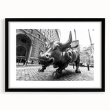 Extra large abstract art print depicting a colorful, textured view of NYC's Wall Street, framed in black.