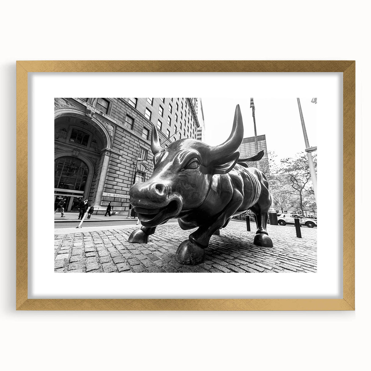 Abstract art print of Wall Street in textured grays and blues on a large framed canvas, ideal for living room decor.
