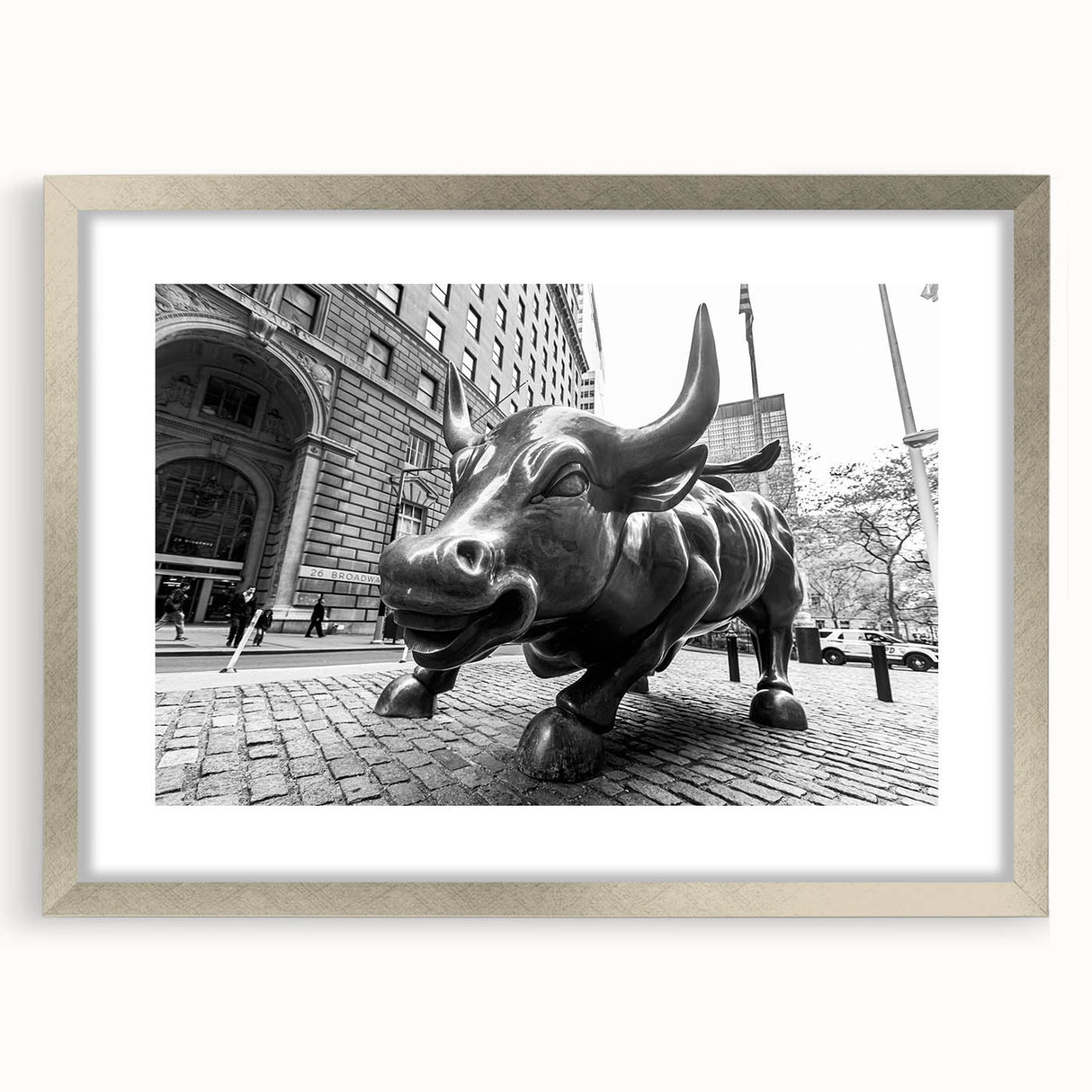 Textured art print of NYC's Wall Street in abstract style with muted grey tones, framed with a silver mat.