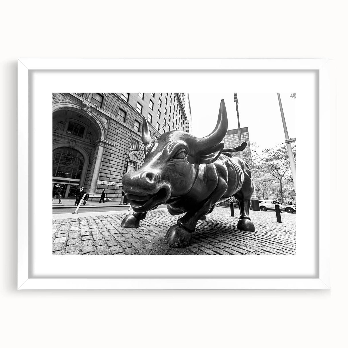 Abstract art print of Wall Street in muted gray and blue tones, framed with a white mat, suitable for dining room decor.
