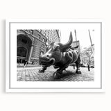 Abstract art print of Wall Street in muted gray and blue tones, framed with a white mat, suitable for dining room decor.