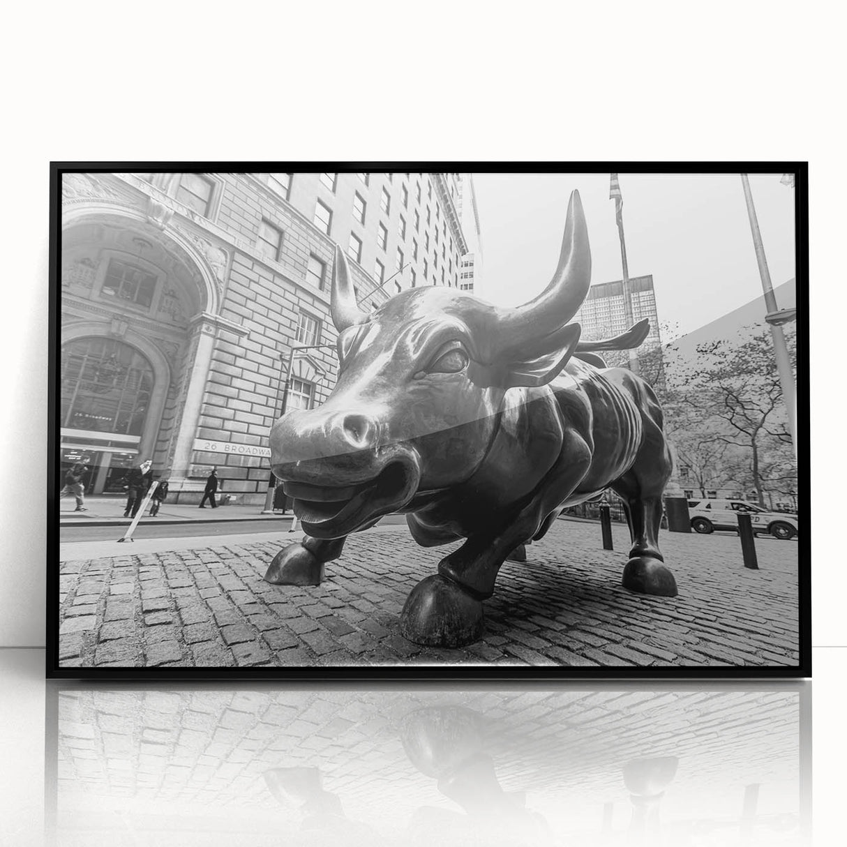 Large abstract wall art of NYC's Wall Street in black and white tones, acrylic framed, ideal for modern office decor.