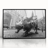 Large abstract wall art of NYC's Wall Street in black and white tones, acrylic framed, ideal for modern office decor.