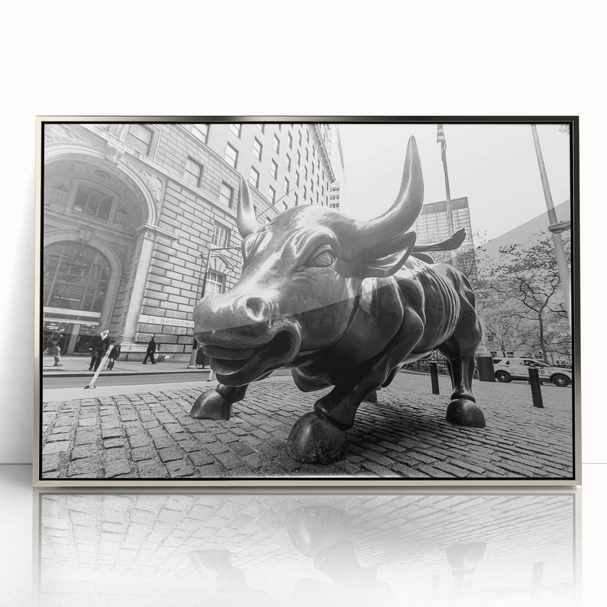 Mid-century modernist art depicting New York City's Wall Street in muted gray and silver tones on a framed acrylic print.
