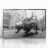 Mid-century modernist art depicting New York City's Wall Street in muted gray and silver tones on a framed acrylic print.