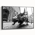 Black and white framed canvas of Wall Street landscape, ideal for bedroom wall art in vintage poster style.