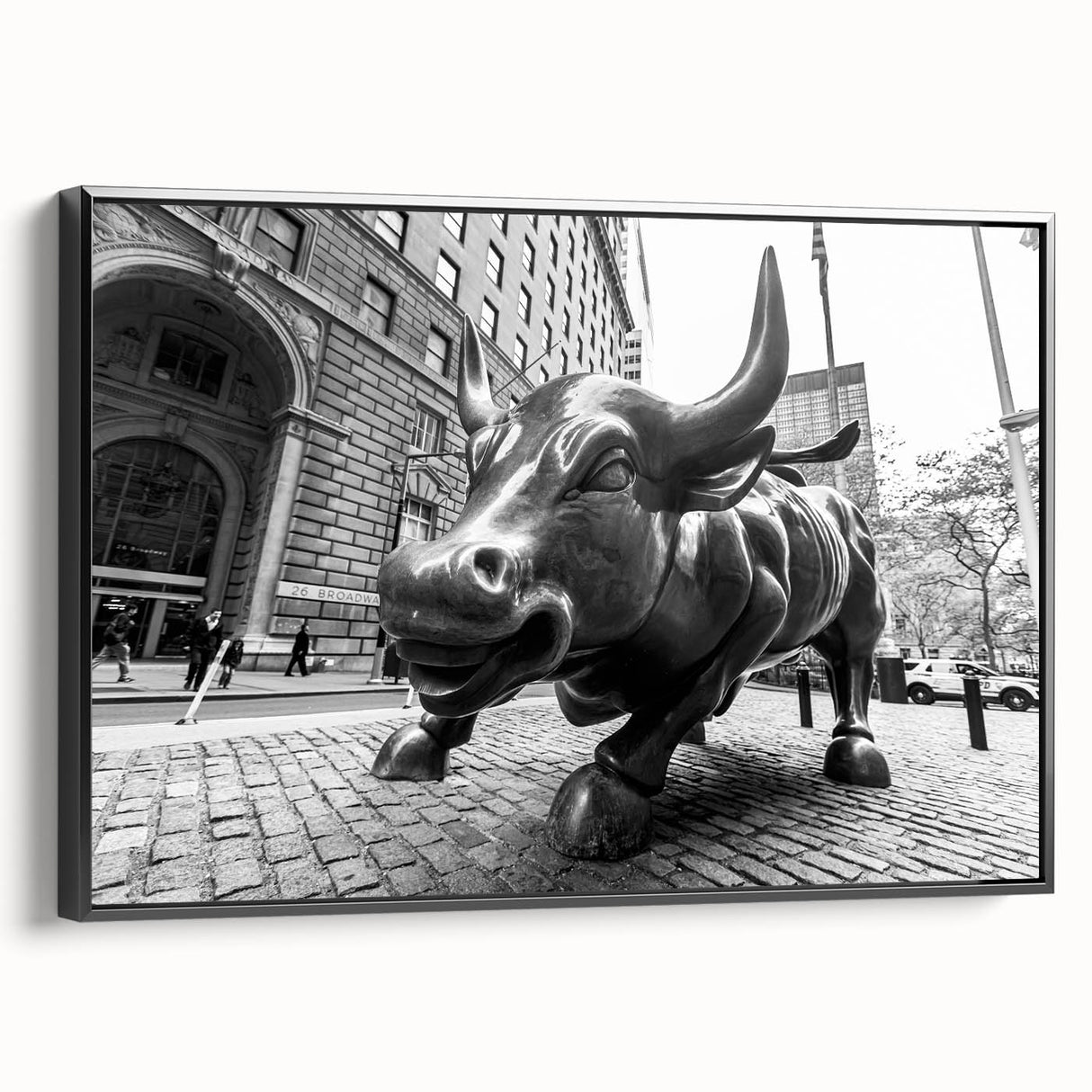 Black and white framed canvas of Wall Street landscape, ideal for bedroom wall art in vintage poster style.