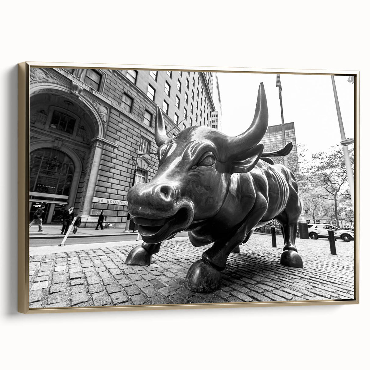 Framed canvas wall art featuring a vintage-style black and gold depiction of NYC's Wall Street, ideal for bedroom decor.