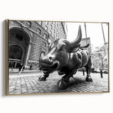 Framed canvas wall art featuring a vintage-style black and gold depiction of NYC's Wall Street, ideal for bedroom decor.