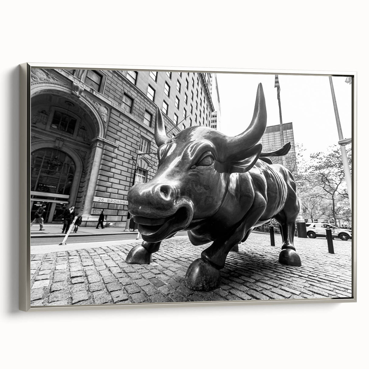 Landscape art painting of Wall Street with colorful vintage poster style on a black framed canvas, suitable for office decor.