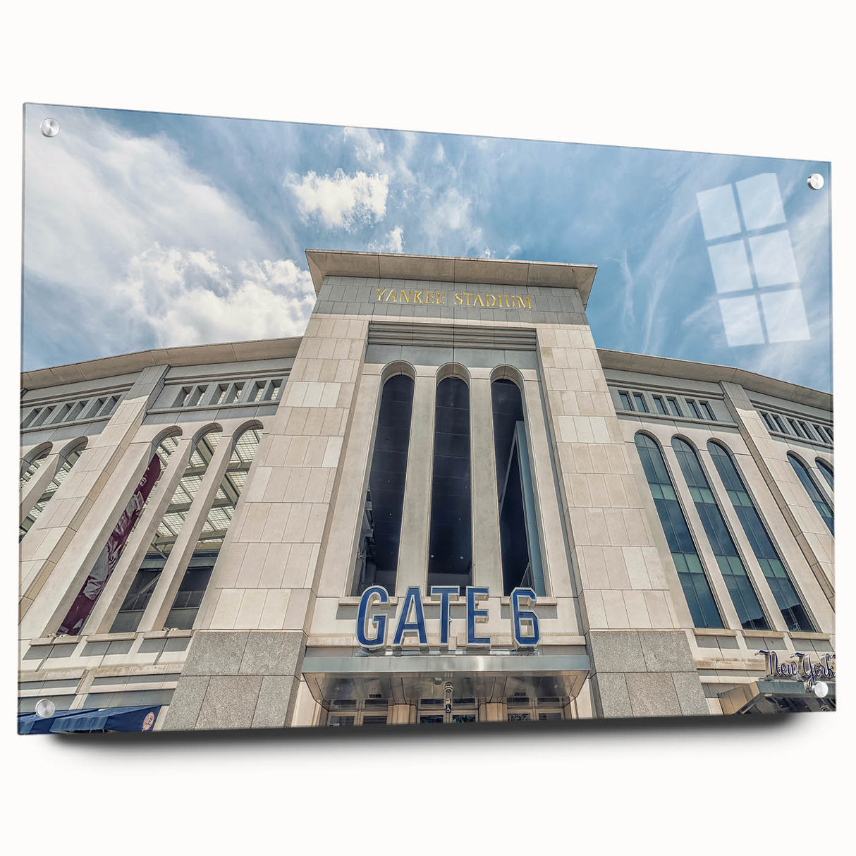 Acrylic print of large abstract New York City skyline in muted gray and blue tones.