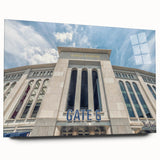 Acrylic print of a large abstract depiction of NYC skyline in muted gray and blue tones.