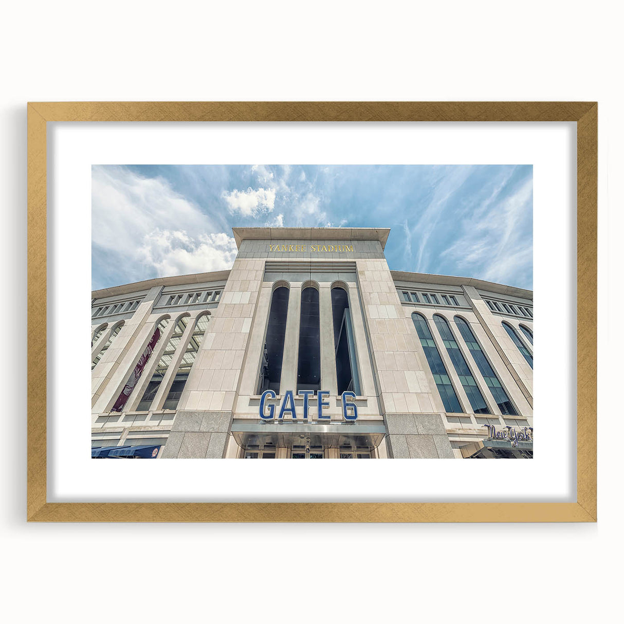 Extra large abstract art print of NYC skyline in textured gold frame, ideal for living room decor.