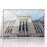 Art deco poster of New York City skyline in muted gray and blue tones on framed acrylic, ideal for modern bedroom ambiance.