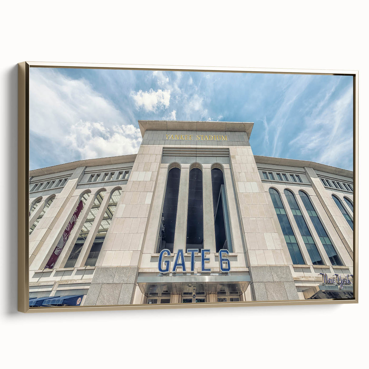 Framed canvas of vintage-style New York Yankee stadium in black and gold tones, ideal for bedroom wall art.