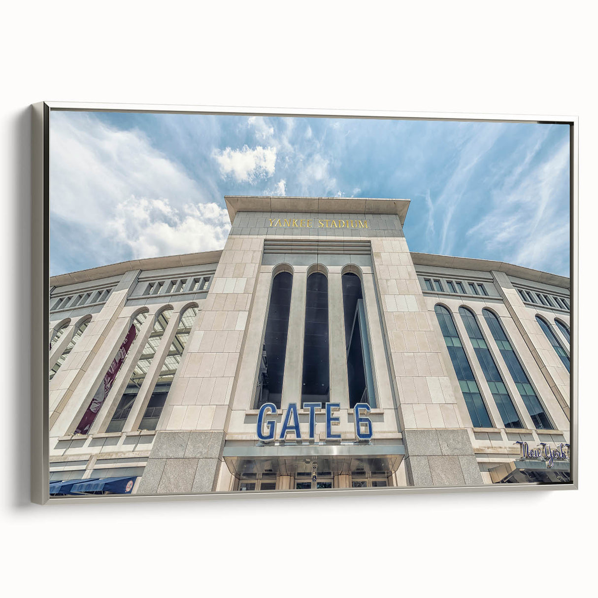 Framed canvas featuring a vintage-style New York City landscape in black with colorful accents, ideal for office wall decor.