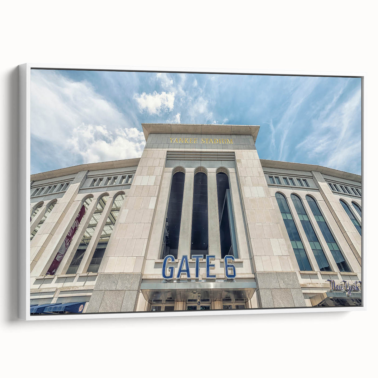 Vintage poster art of New York City skyline in colorful hues on extra large framed canvas, ideal for living room.