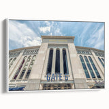 Vintage poster art of New York City skyline in colorful hues on extra large framed canvas, ideal for living room.