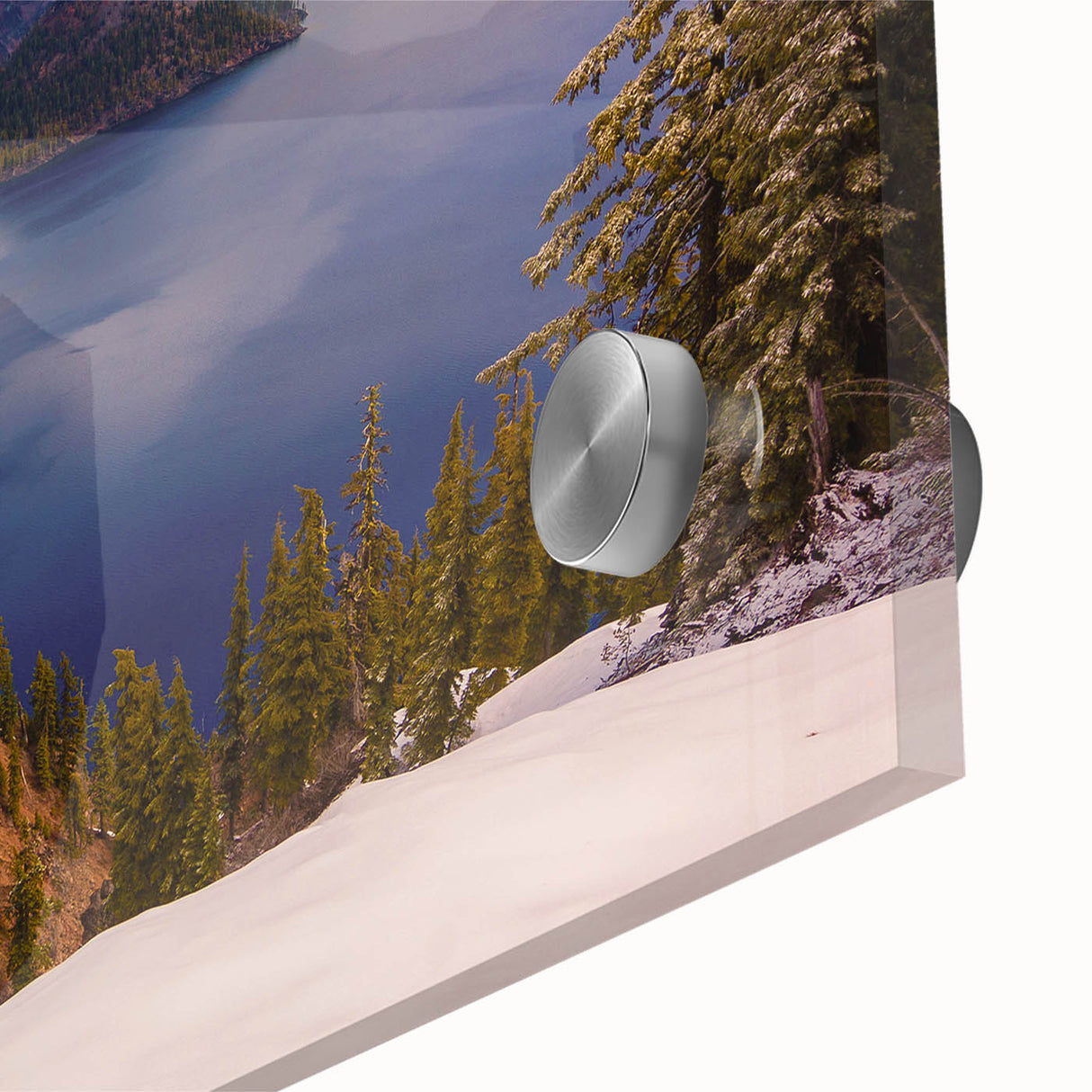 Mid-century modernist art of Crater Lake in vibrant blue tones on large acrylic glass, ideal for dining room art.