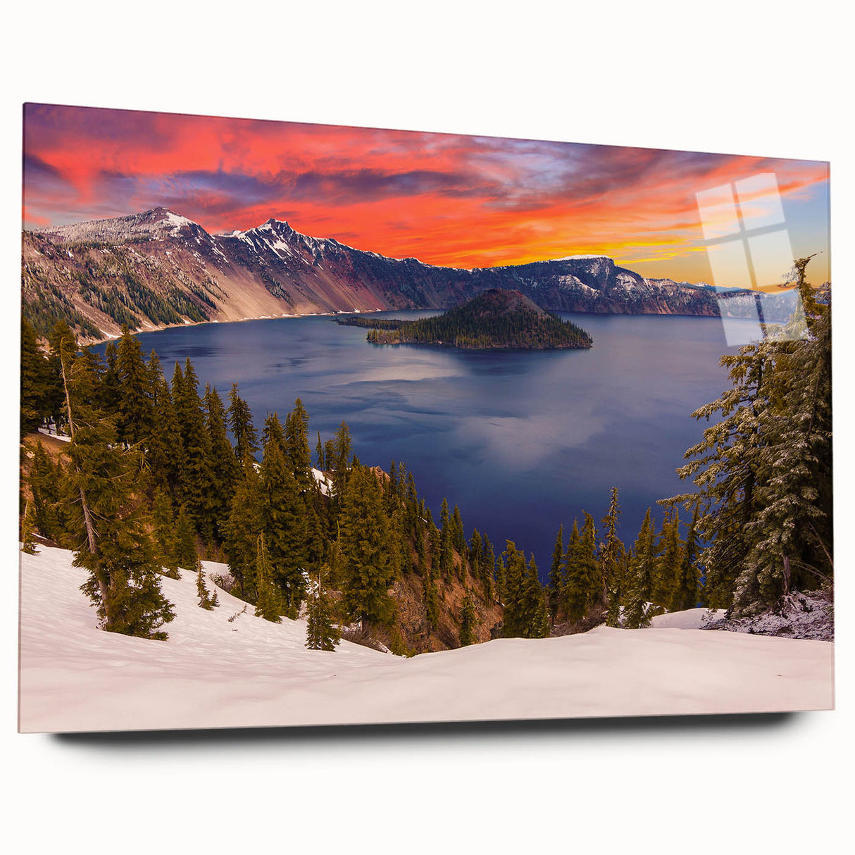 Acrylic print of Crater Lake, Oregon, in vivid blue and green hues, ideal for bedroom or dining room art.