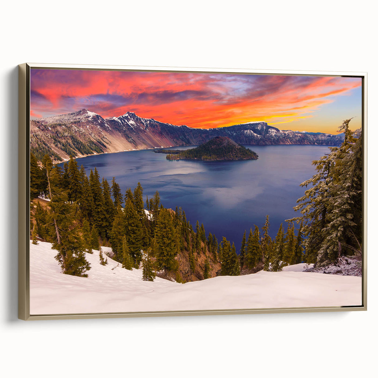 Framed canvas featuring a vintage-style landscape painting of Crater Lake, Oregon in muted blue and green tones.