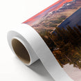 Art deco poster of Crater Lake, Oregon, in muted blue and green hues on rolled canvas, ideal for nursery wall art.