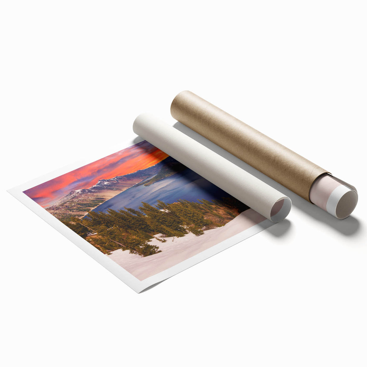 Extra large rolled print of Crater Lake in muted blues and greens, ideal for classy bathroom wall art.