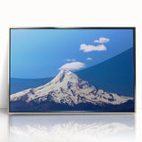 Mid-century modernist art of Mount Hood in Oregon featuring muted earth tones on a silver-framed acrylic print.