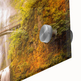 Acrylic print of Multnomah Falls in Oregon featuring large abstract shapes and mid-century modernist style.