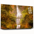 Acrylic print of Multnomah Falls in Oregon, featuring vibrant green and blue tones, suitable for dining room decor.