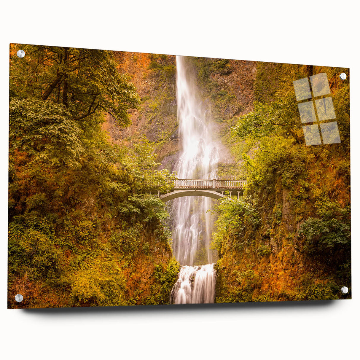 Acrylic print of Multnomah Falls in Oregon, featuring vibrant green and blue tones, suitable for dining room decor.