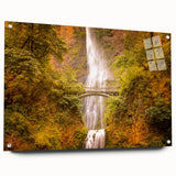 Acrylic print of Multnomah Falls in Oregon, featuring vibrant green and blue tones, suitable for dining room decor.