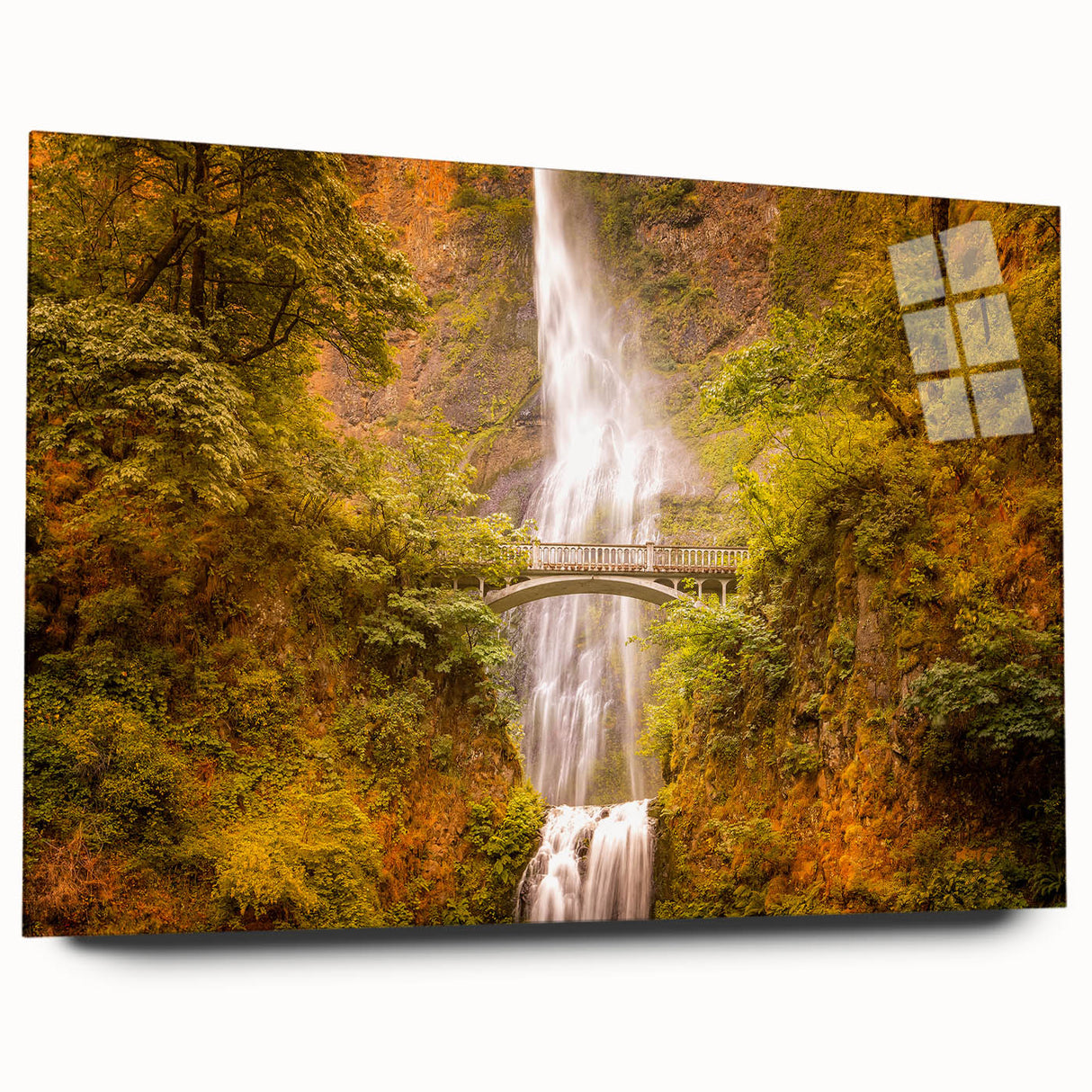Acrylic print of Multnomah Falls in Oregon, showcasing the waterfall and surrounding greenery.