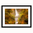 Extra large framed print of Multnomah Falls in vibrant colors, ideal for living room decor.