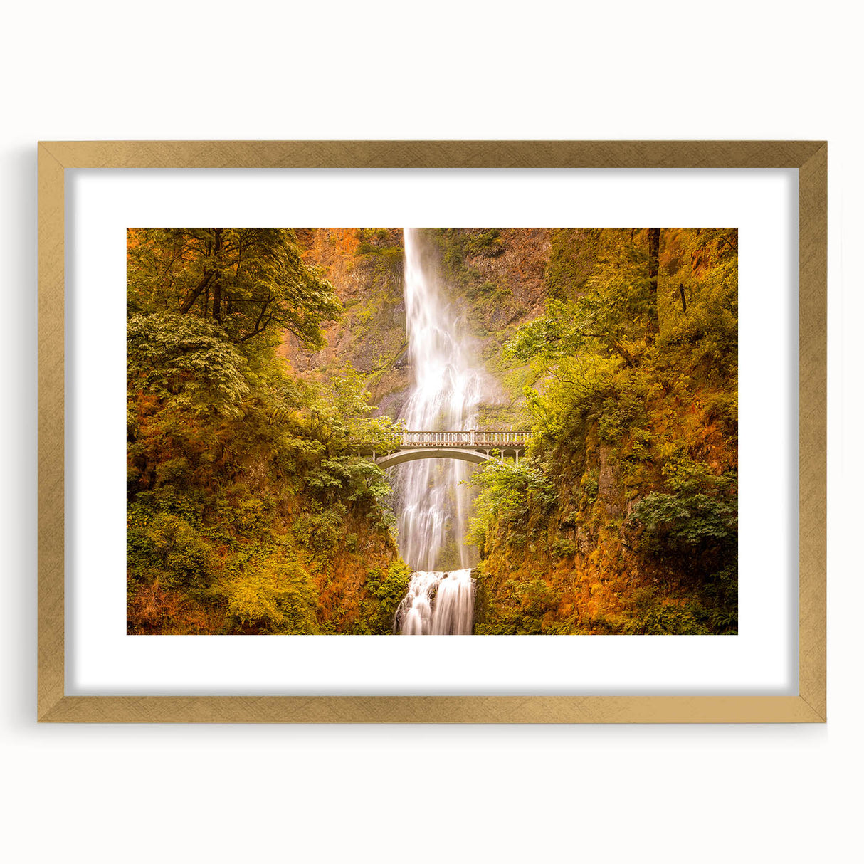Extra large wall art depicting Multnomah Falls in Oregon, rendered in textured grays and blues, framed in gold.
