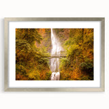 Textured art print of Multnomah Falls in Oregon with abstract elements, in a silver frame, suitable for bedroom decor.