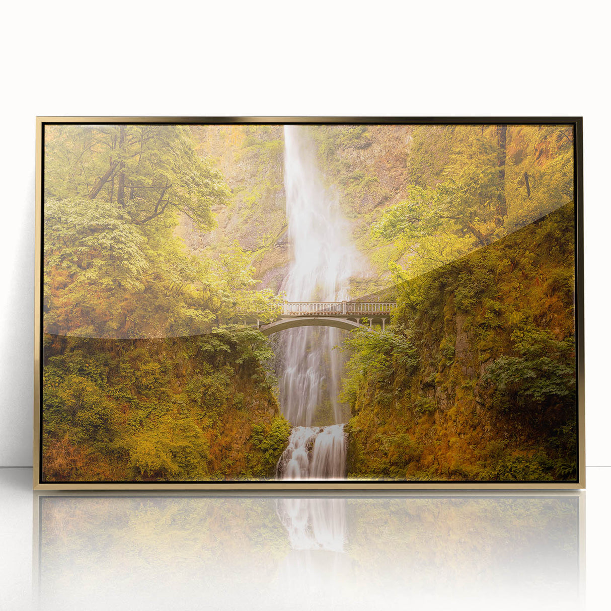 Acrylic print of Multnomah Falls in Oregon, featuring a mid-century modernist style with a gold frame.