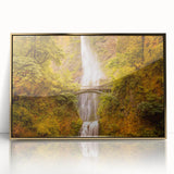 Acrylic print of Multnomah Falls in Oregon, featuring a mid-century modernist style with a gold frame.