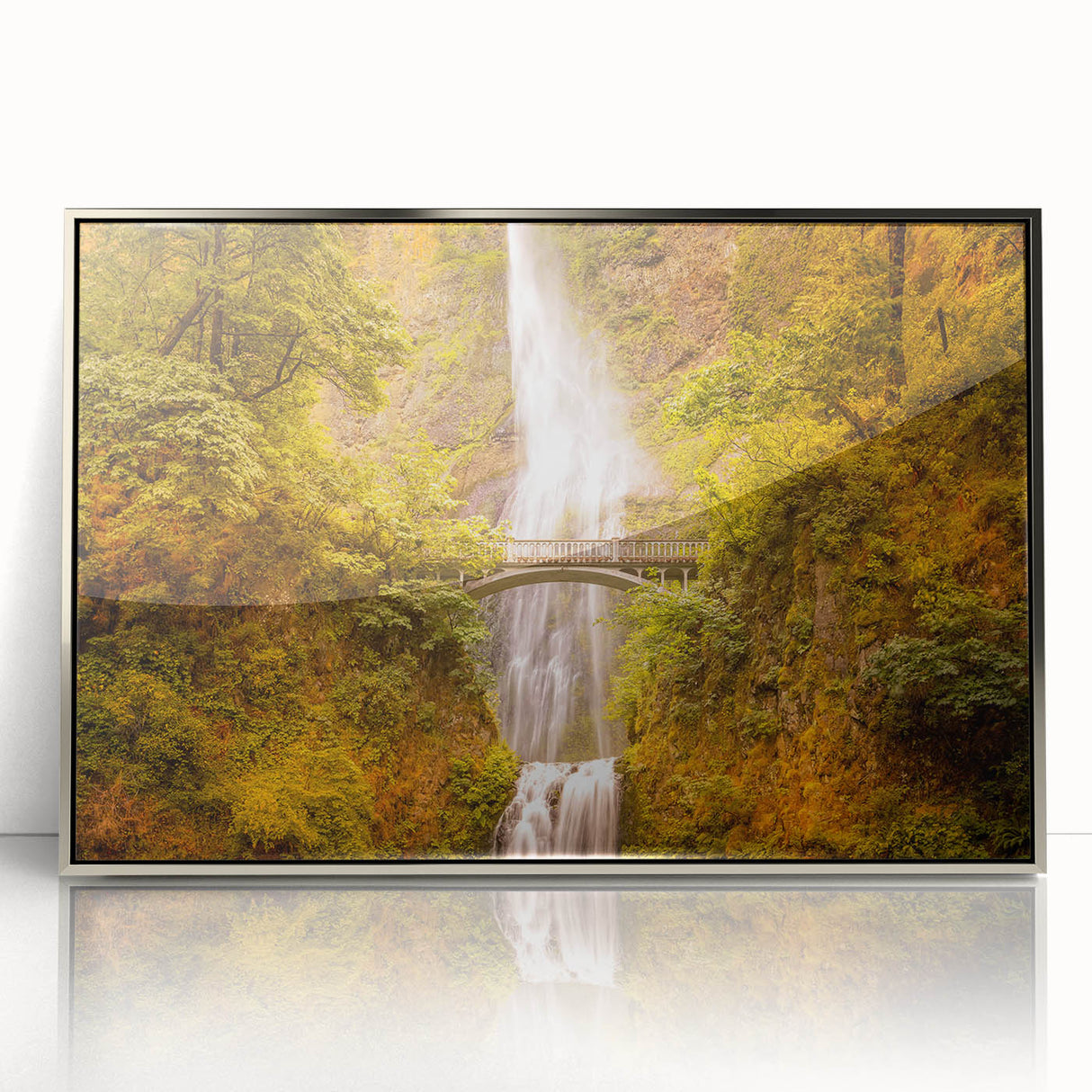 Mid-century modernist art of Multnomah Falls in Oregon, depicted in cool blues and greens on a framed acrylic print.